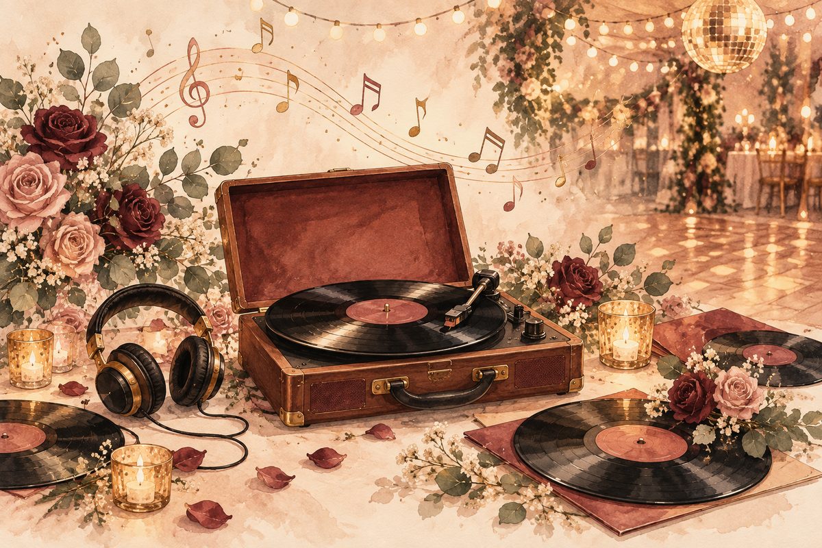 Tocadiscos con vinilos y flores