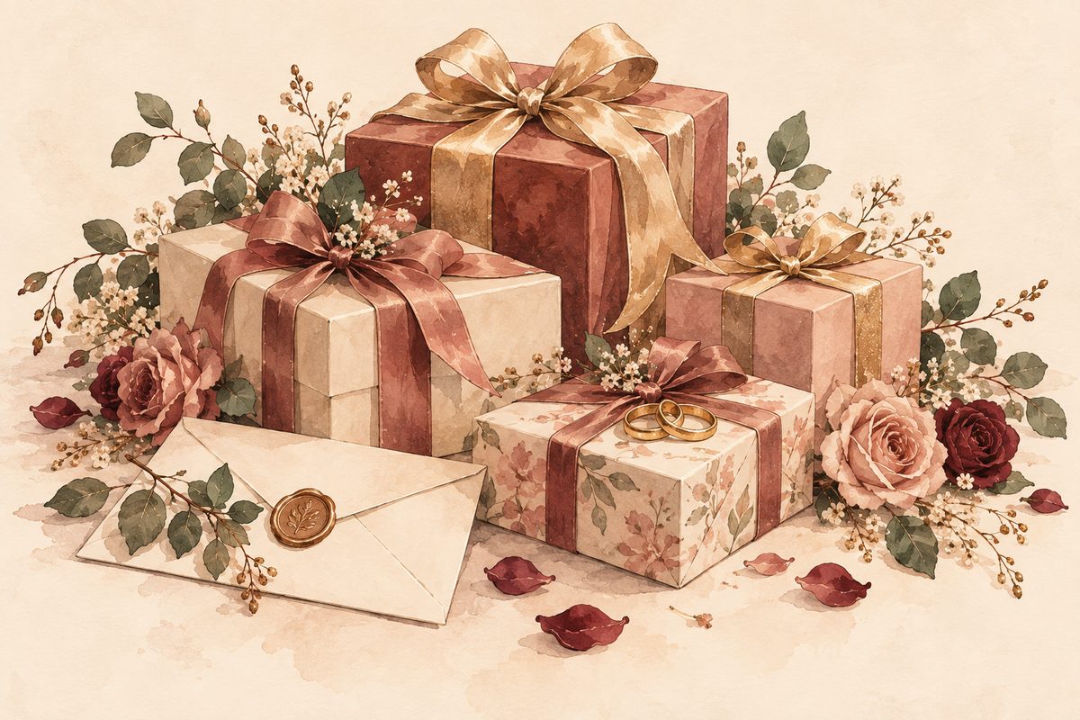 Regalos envueltos con cintas y flores
